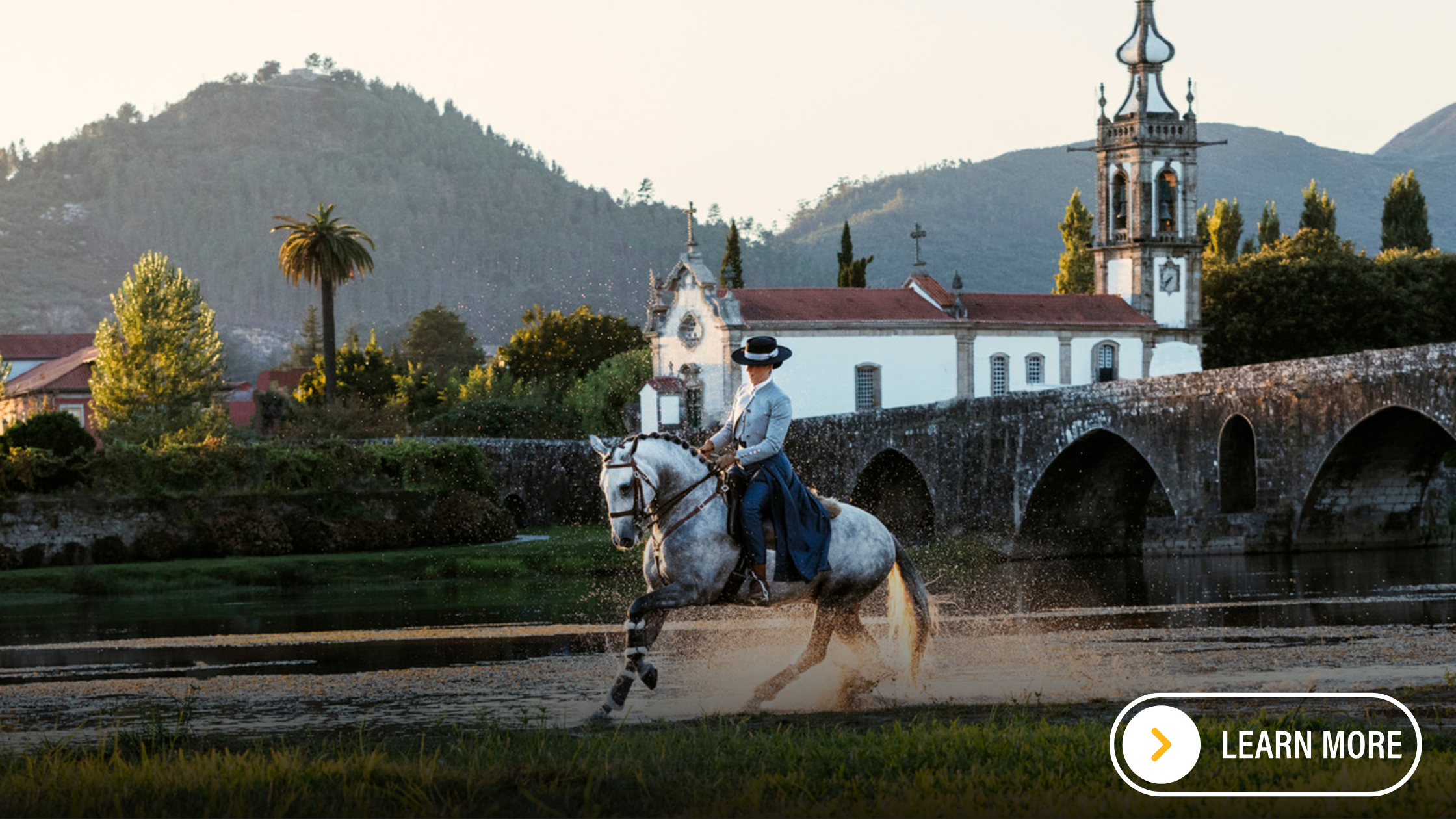 Portuguese horse and rider cantering through a river.